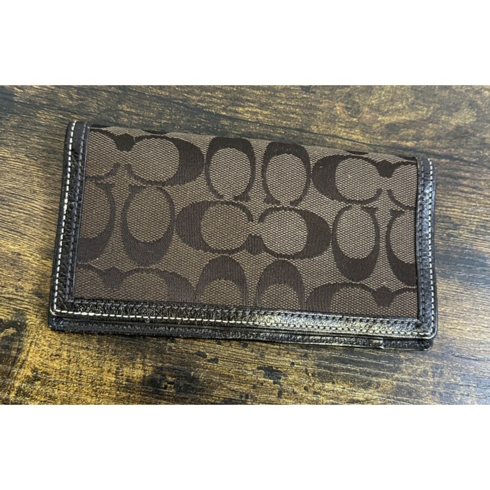Coach Checkbook Cover Signature Brown Logo Jacquard Fabric Leather Trim Wallet